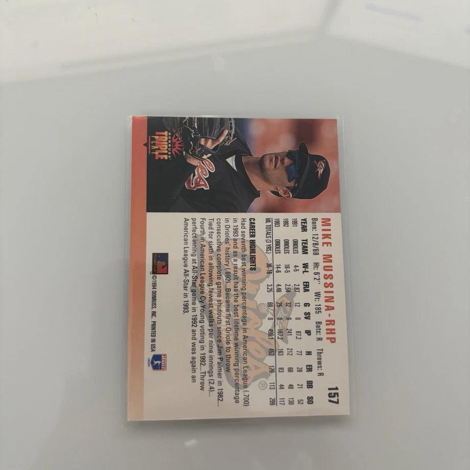 1994 Donruss Triple Play Mike Mussina #157 HOF Baltimore Orioles Baseball Card - Image 2 of 2