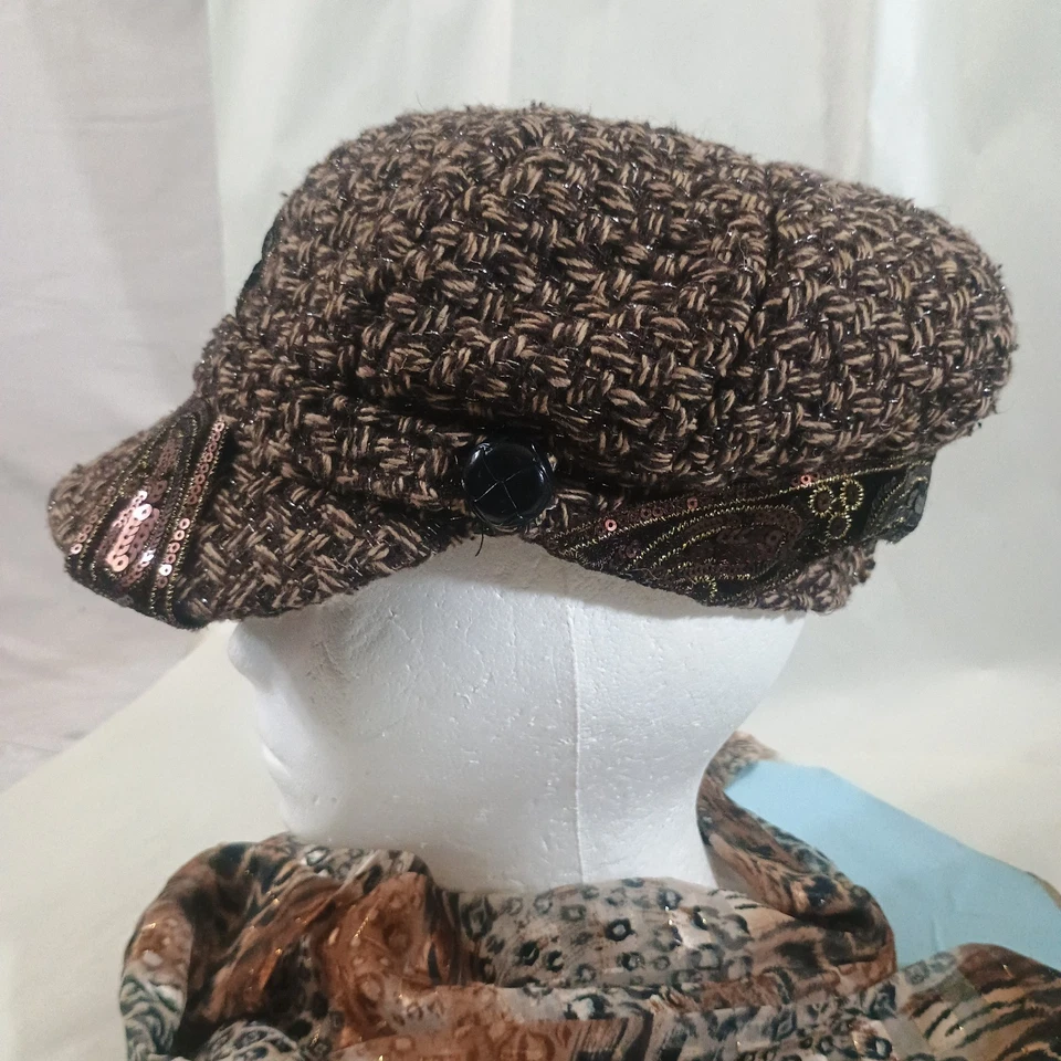 Винтажная волшебная женская шляпа таксист газетчик коричневый твид богемное шик вышитый акцент  - Изображение 2 из 4