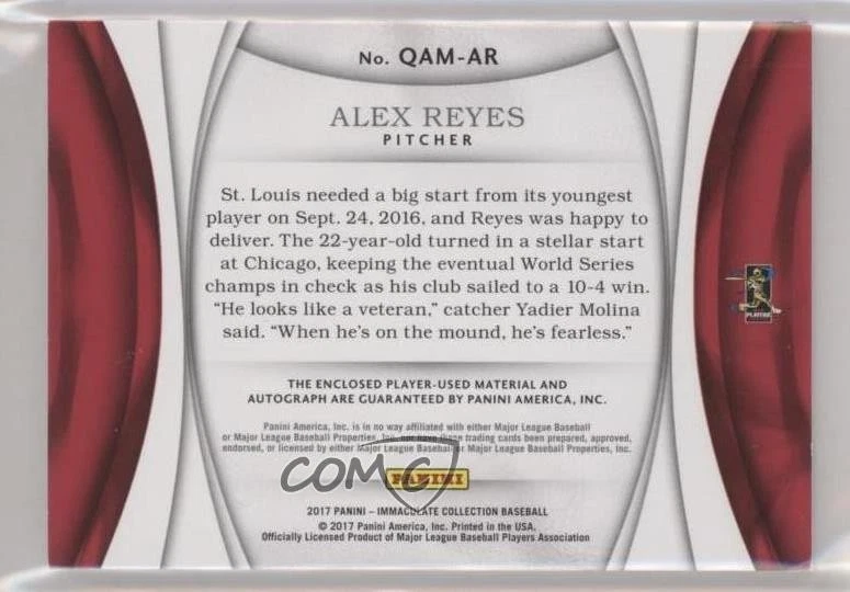 2017 Panini Immaculate Quad Materials Rookie /99 Alex Reyes #QAM-AR Auto RC - Image 2 of 2