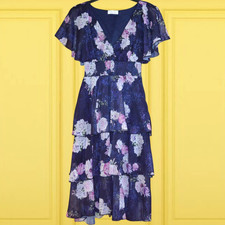 �95 QUIZ SZE 8 PURPLE FLORAL RUFFLE DRESS SUMMER HOLIDAY COCKTAIL CRUISE EVENING