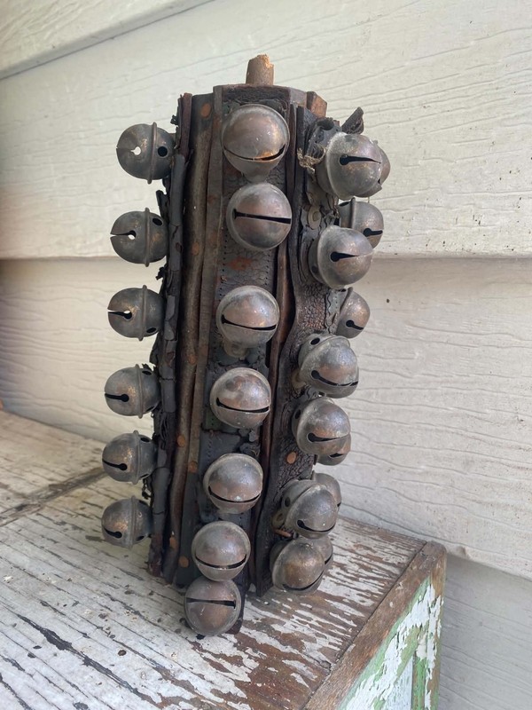 Lot Of 40 Early Antique Crotal Bells/Sleigh Bells On Wood Post