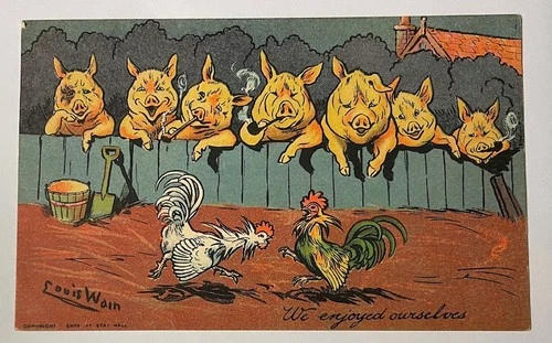 LOUIS WAIN  humanized PIGS watching with fun Cock Fight Original Antique PC 1904