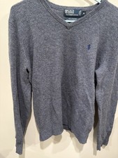 Polo Ralph Lauren V-Neck Sweater Mens M Gray Blue Pony Lambs Wool Knit Vintage