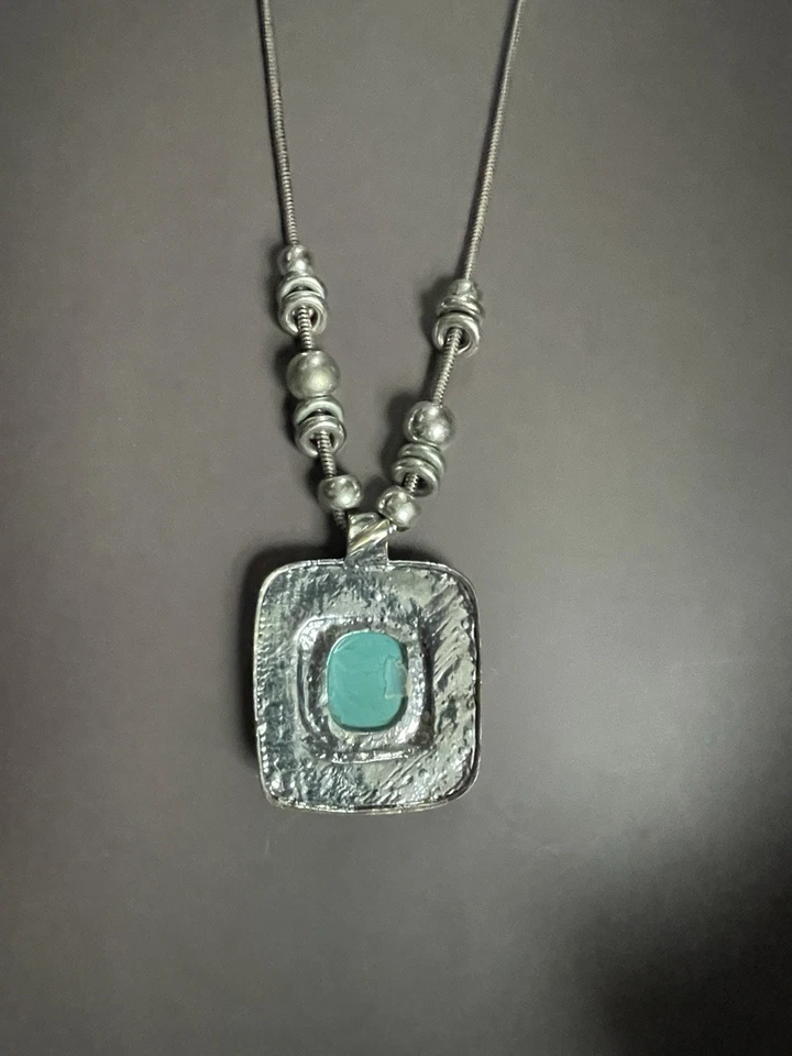 Collar Plata Turquesa Tono Cuadrado Colgante Tono Plata Cadena Joyería Foto 4 de 4