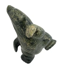 Inuit Art Dancing Bear Polar Serpentine Stone Carving Sculpture. Signed.