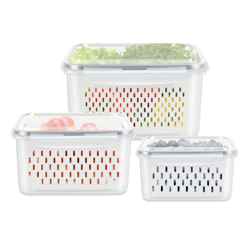 3 Pack Fruit Storage Containers for Fridge, Produce Saver Vegetable Container...