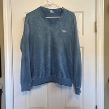 Vintage 70s 80s Adidas Velour Pullover Sweater Light Blue Large