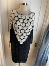 OLEG CASSINI BLACK TIE VINTAGE SILK DRESS-SEQUIN TOP BLACK BEADED BOTTOM-SIZE8!