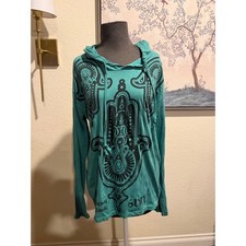 Sure Brand Teal Hamsa Hand Graphic Hoodie Cotton Long Sleeve Boho Top Medium