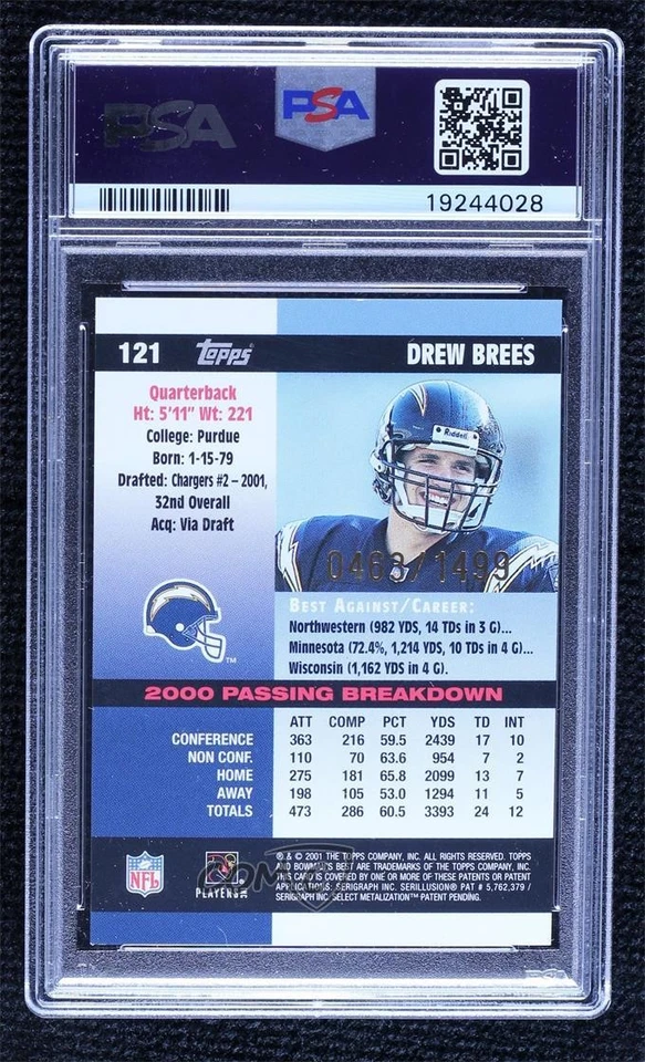 2001 Bowman's Best /1499 Drew Brees #121 PSA 9 MINT Rookie RC - Image 2 of 2