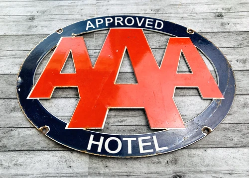 VINTAGE 16x8.5" AAA Hotel GASOLINE GAS OIL PUMP STATION PORCELAIN MOTOR SIGN