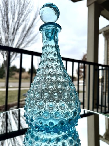 Empoli, Italy Vintage-MCM Hand Made Blue Hobnail Glass Decanter-Spikey Seed Pod