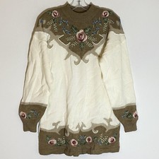 VTG Dana Scott Sweater Womens Large Ivory Olive Floral Embroidered Cottagecore