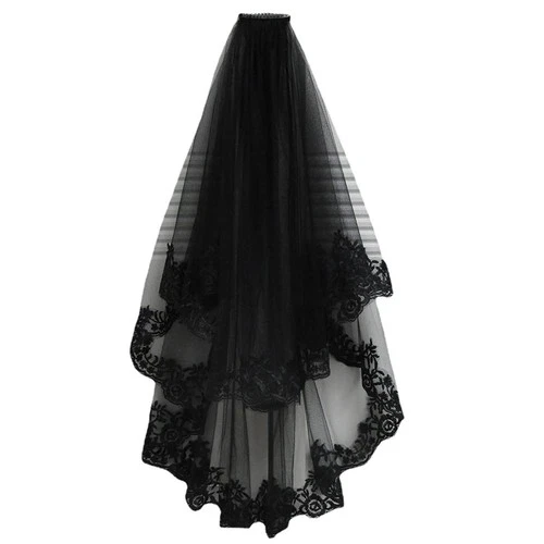Black Long Pearl Mourning Funeral Lace Veil Bridal Halloween Veil with Comb