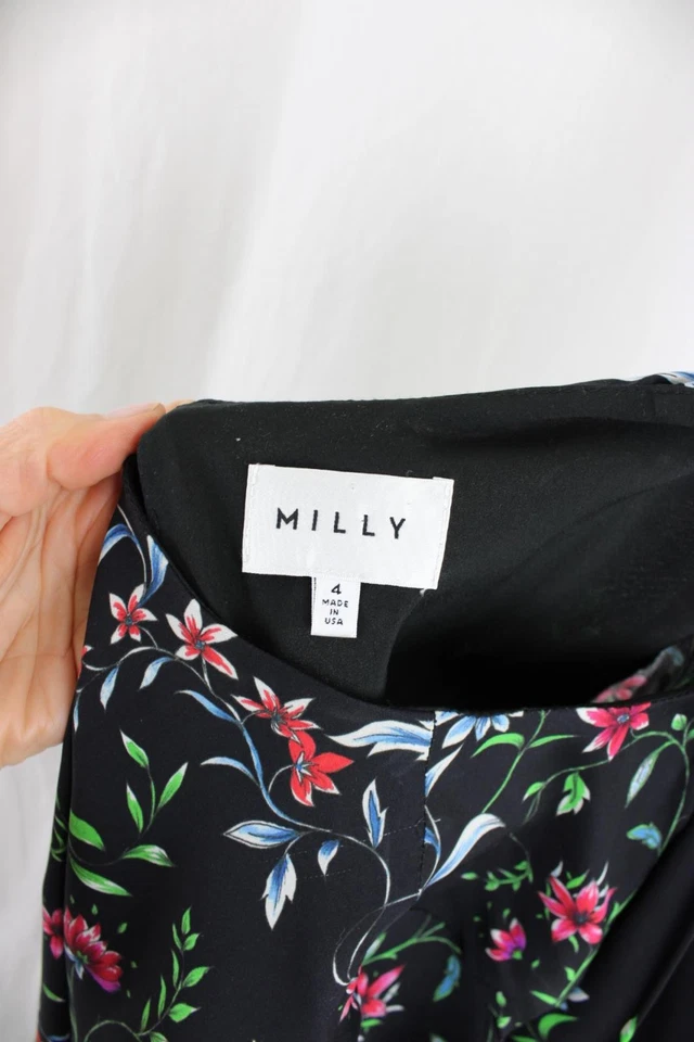Vestido para mujer Milly negro azul estampado floral múltiple 100 % seda manga larga talla 4 Foto 3 de 4