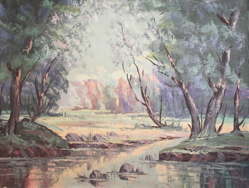 Antique gouache painting river landscape - Picture 4 of 12