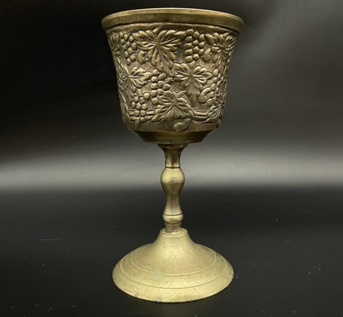 Antique Silver-Plated Brass Chalice Goblet – Engraved Grape & Leaf Design⭐ - Picture 8 of 8