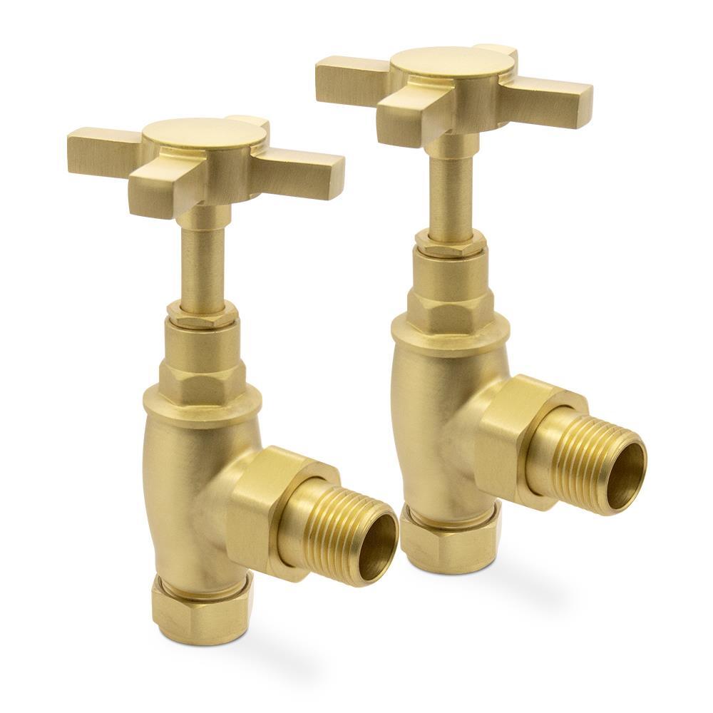 Radiator Towel Rail Angled Valves Brushed Brass Crosshead Traditional