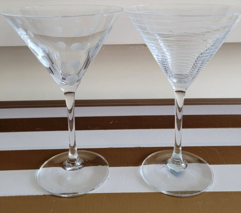 2 CLEAR MIKASA CHEERS MARTINI GLASSES WHITE STRIPES POLKA DOTS 7.25