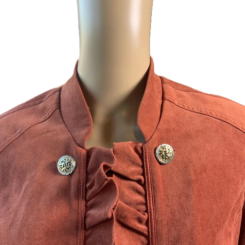 Dressbarn Maroon Ruffled Decorative Buttons Double-Breasted Military Jacket 1X - Image 2 of 4