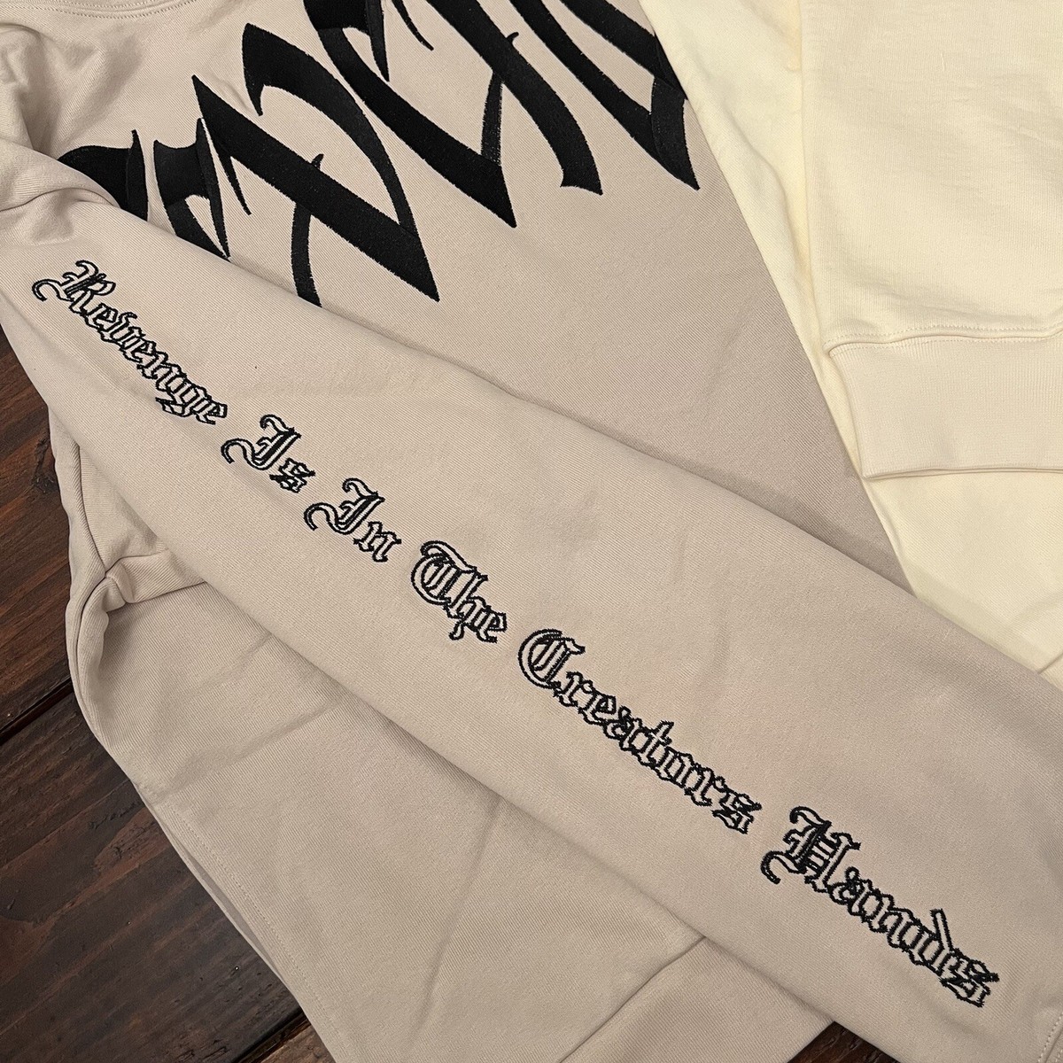 Revenge Embroidered Split Arch Hoodie Size XL Cream Tan RARE NEW