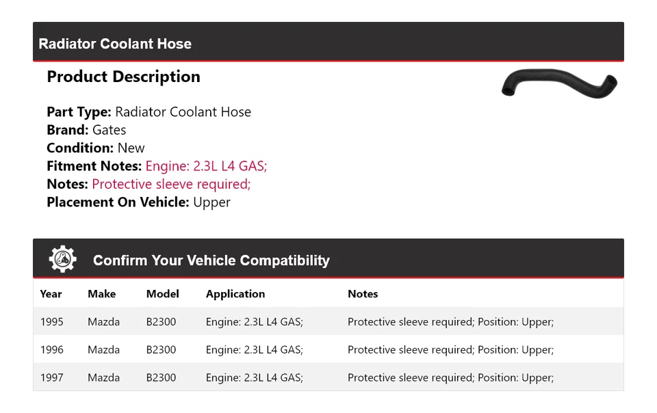 Manguera de refrigerante de radiador de gas 2,3 L L4 1995-1997 Mazda B2300 puertas superiores 1996 Foto 2 de 4