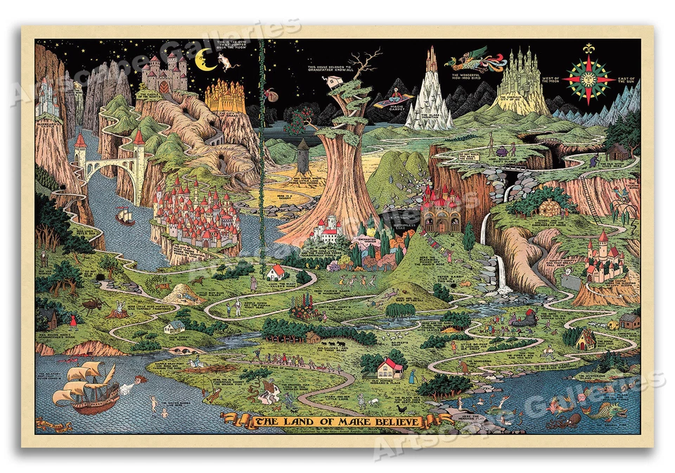 1930s “The Land of Make Believe” Vintage Fairy Tale Wall Art Poster - 20x30