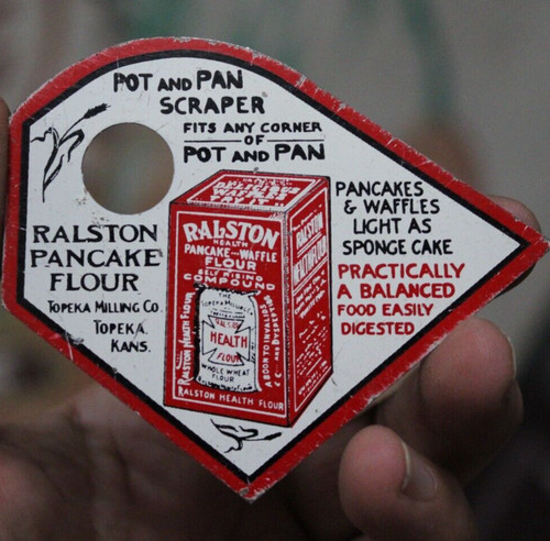 RALSTON PANCAKE FLOUR TIN LITHO METAL POT SCRAPER DEALER PROMO SIGN VINTAGE 1930