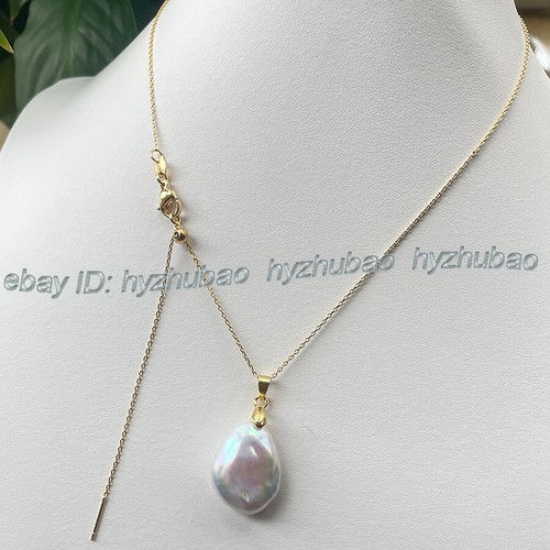 Natural South Sea White Flat Baroque Keshi Pearl Pendant Gold Chain Necklace AAA - Picture 30 of 30