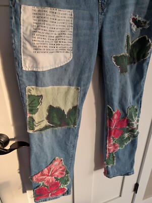 Wearable Art To Wear Floral Patch Jeans Womens 14 Boyfriend Fit Boho Homemade 