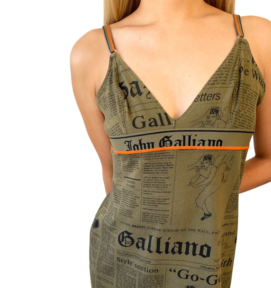 John Galliano Vintage Logo Newspaper Print Mini Dress #M Khaki Orange Cotton - Image 2 of 4