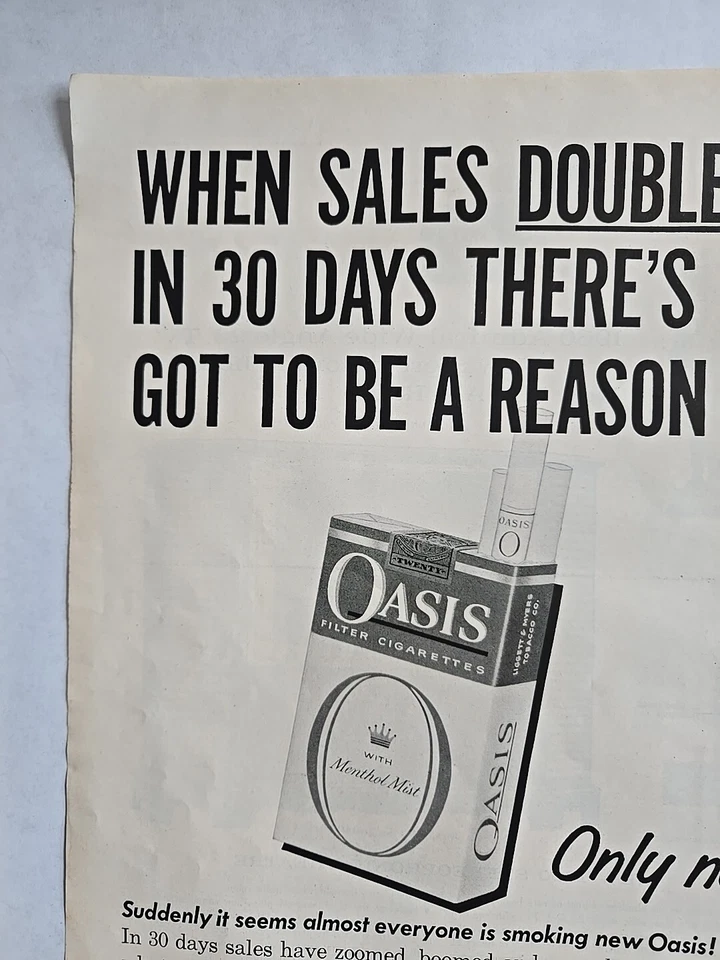 Anuncio impreso de colección OASIS 1959 cigarrillos de gran tamaño 2 páginas 14x21" hombre mujer mentol Foto 4 de 4