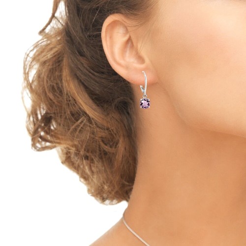 Sterling Silver Simulated Alexandrite 6mm Round Dangle Leverback Earrings - Picture 7 of 8