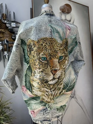LEOPARD GLAM Vintage 80s Denim Jacket Art to Wear Acid Back Graphic Embellished - Image 1 of 4