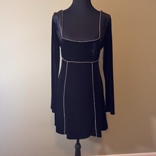 Black Dress Long Sleeve Forever 21 Velvet Rhinestone Trim Glam Goth Size L NEW!