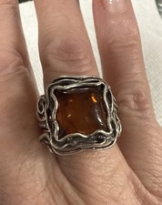 Vintage Amber Sterling Silver Ring from Israel by PZ boho Size 9.5