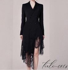 Women Mid Length Blazers Coats Jacket Irregular Lace Dress Double-breasted Coat