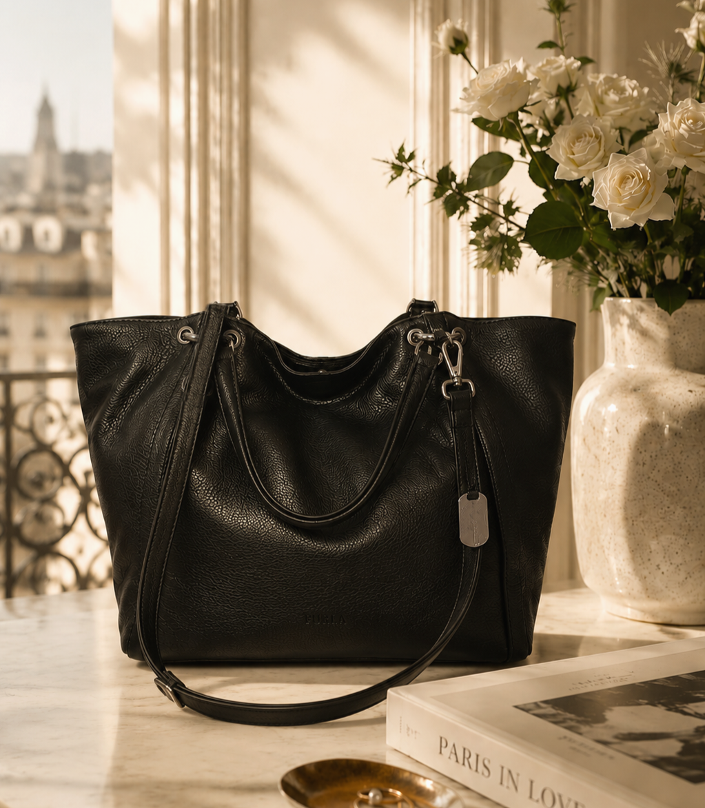 FURLA 黒バッグ 保存袋付き NEW FURLA Classic Black Pebbled Leather Tote Bag/Crossbody Bag