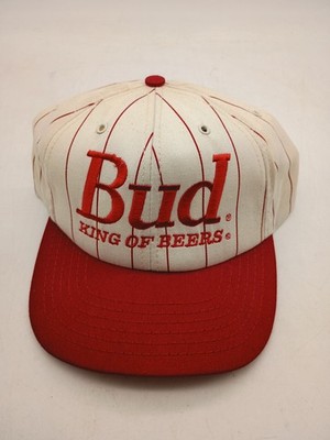 Vintage USA Bud King of Beers Red and White Pinstripe Snapback Hat Budweiser