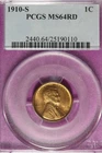 1910 S PCGS MS64RD LINCOLN WHEAT CENT #B52188