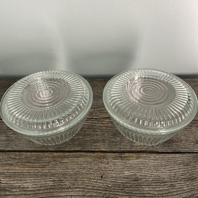 Antique 1920's AH ''Queen Mary'' - 2 Clear, Ribbed Refrigerator Dish W/Flat Lid