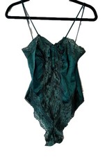Vintage Alana Gale Jewel Tone Green Satin Lace Teddy Bodysuit Lingerie Sz Small