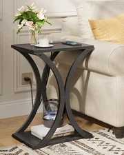 End Table with Charging Station, 2-Tier Modern Side Table, Nightstand Black 