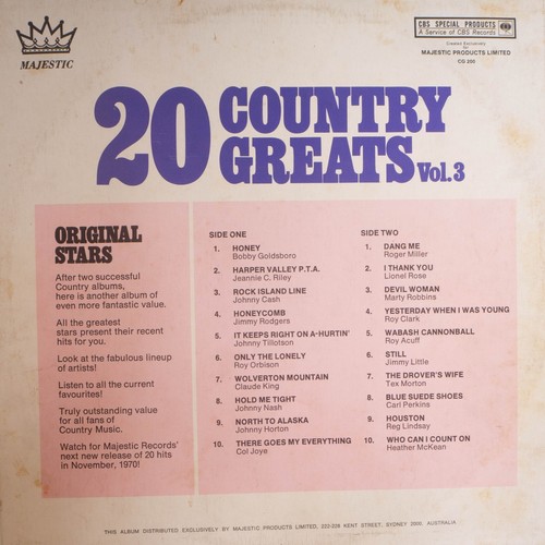 20 COUNTRY GREATS VOL 3 - VARIOUS - Vinyl LP - Majestic Records - 1970 - VG(995) - Picture 2 of 3