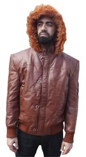 Mens Leather Jacket Brown Hooded Puffy Fur Tr...