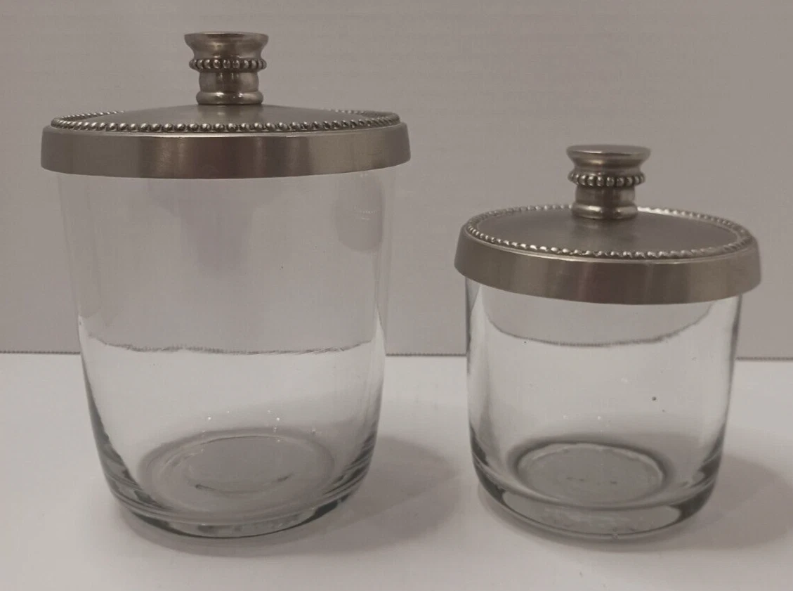 Vintage Round Glass Canister Containers w/Silver Metal Lids Set of 2
