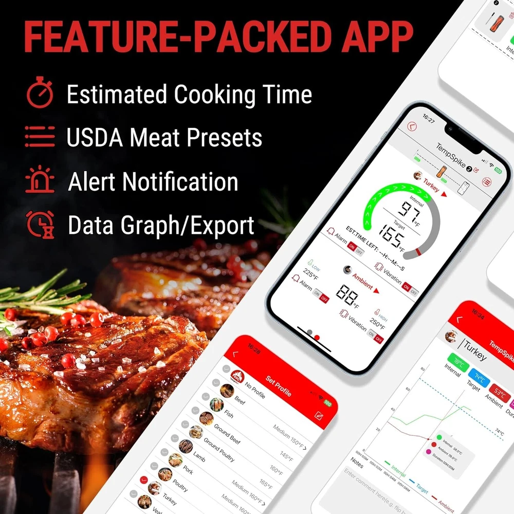 Bluetooth Meat Thermometer - 500ft Range, 1 Probe & 2 Sensors, Easy-to-Use App