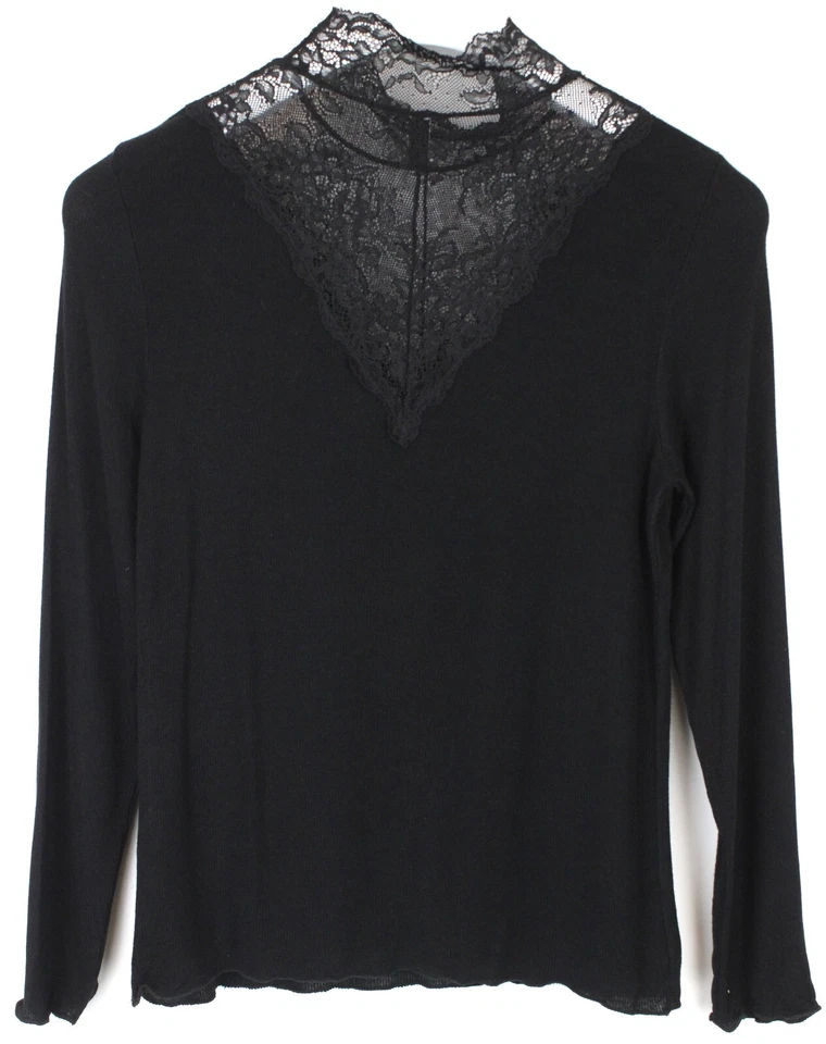 PIECES Siri Ls T-Neck Top Blouse Women's MEDIUM Lace Mock Neck Tight Transparent - Image 2 of 4