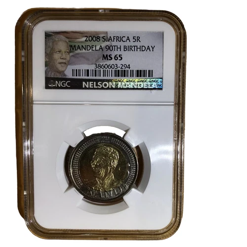 Nelson Mandela - 2008 South Africa 5 Rand 90th Birthday NGC Graded MS65
