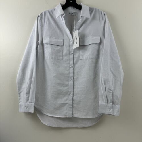 Womens Button Down Long Sleeve Shirts Casual V Neck Cotton Linen Roll Sleeve S